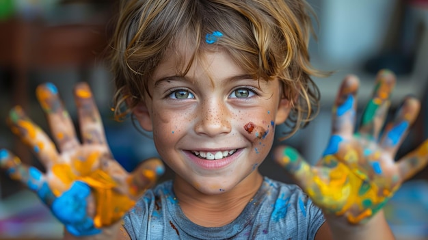 Niño con las manos pintadas