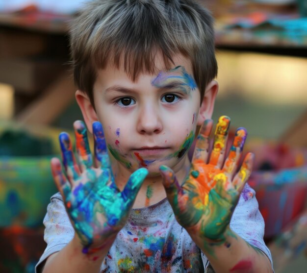 Un niño con las manos pintadas