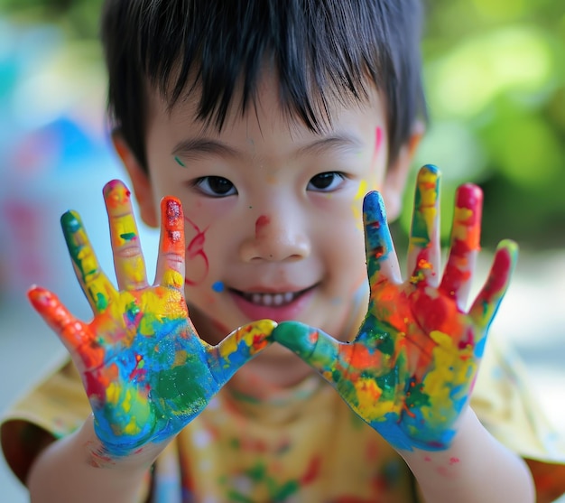 Foto un niño con las manos pintadas