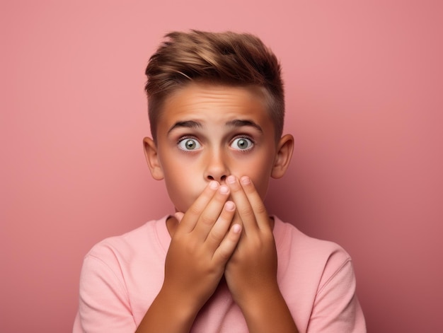 Niño con las manos sobre la boca con una mirada sorprendida en su rostro