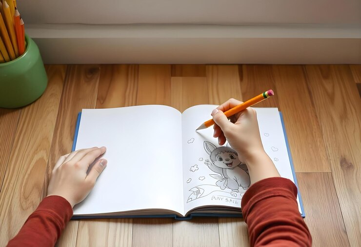Foto un niño con las manos usando lápiz para colorear un libro blanco en blanco