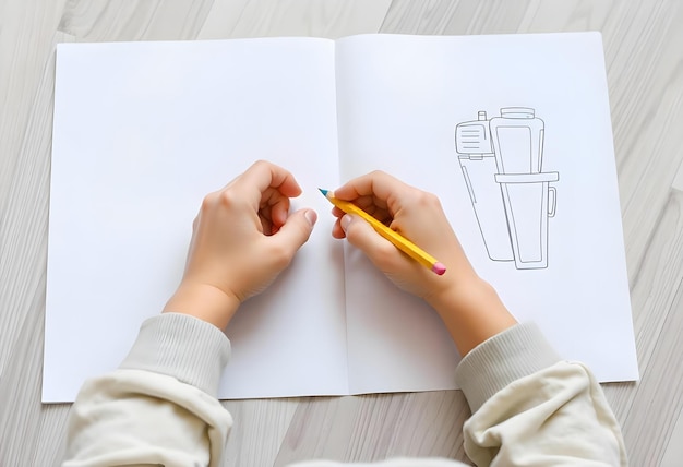 Un niño con las manos usando lápiz para colorear un libro blanco en blanco