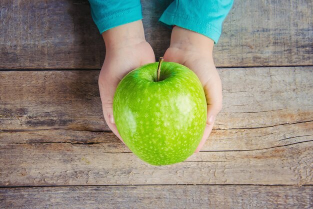 Niño con una manzana. Enfoque selectivo naturaleza