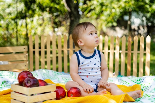 Niño con manzanas en el jardín Retrato de un niño feliz en el picnic Niño comiendo manzana Concepto de estilo de vida al aire libre