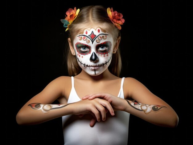 Niño con maquillaje del Día de los Muertos con una pose dinámica y emocional juguetona