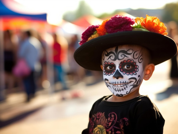 Niño con maquillaje del Día de los Muertos con una pose dinámica y emocional juguetona