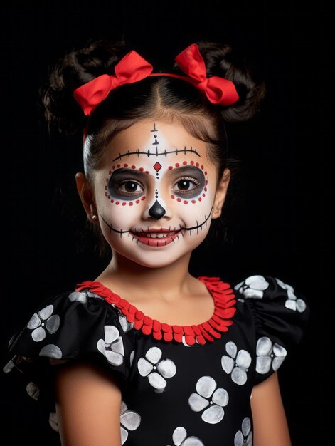 Niño con maquillaje del Día de los Muertos con una pose dinámica y emocional juguetona