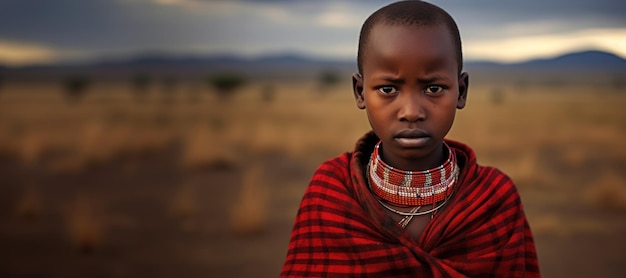Niño masai con expresión seria en el fondo de la sabana