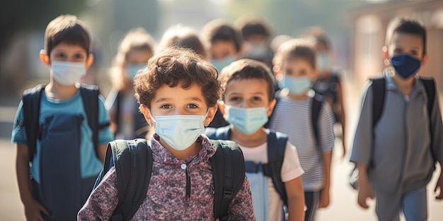 Niño con máscara va a la escuela el primer día