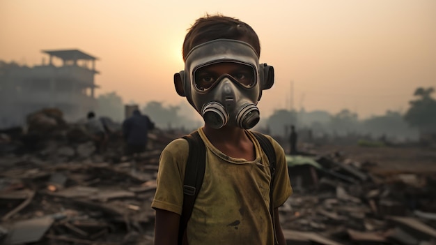 Foto niño con máscara de gas y mochila