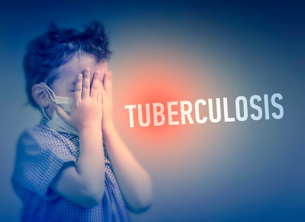 Niño con una máscara médica cubrió su cara con sus manos junto a la inscripción TUBERCULOSIS