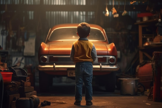 Niño mecánico de automóviles con garaje para automóviles Generar Ai