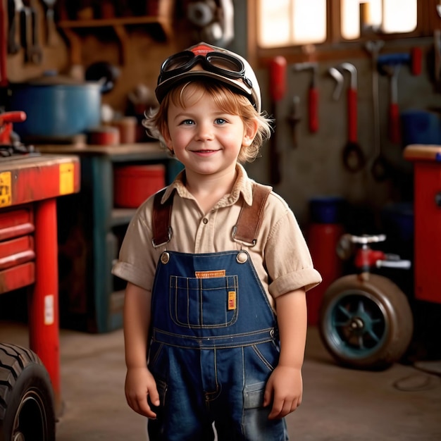 Niño mecánico feliz y alegre niño profesional en el garaje