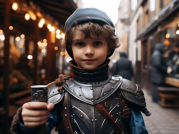 Un niño medieval aventurero vestido como una tarjeta de presentación con un diseño creativo para una sesión de fotos