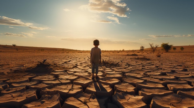 Foto un niño en medio de un ambiente afectado por la sequía