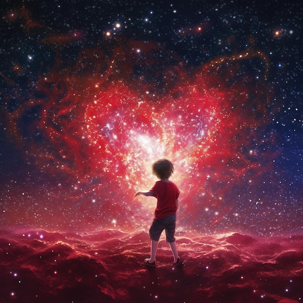 Foto un niño se para en medio de un planeta rojo con las palabras amor.