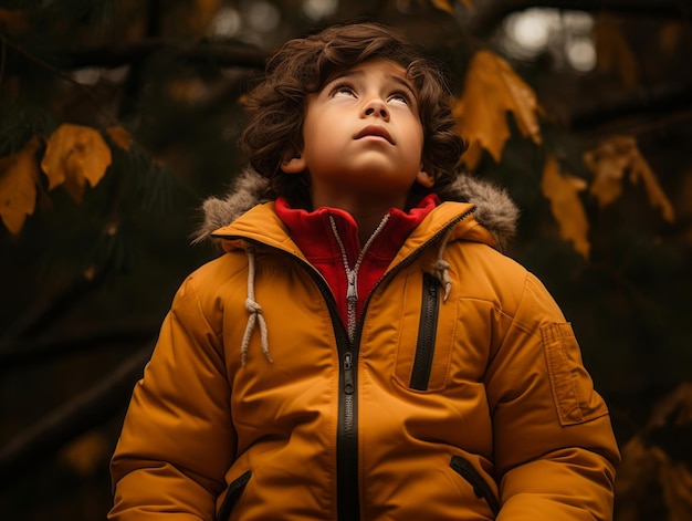 Niño mexicano en pose dinámica emocional sobre fondo de otoño