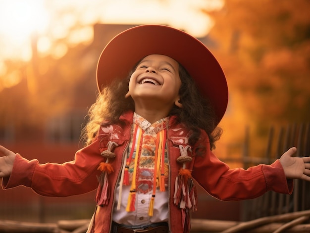 Niño mexicano en pose dinámica emocional sobre fondo de otoño