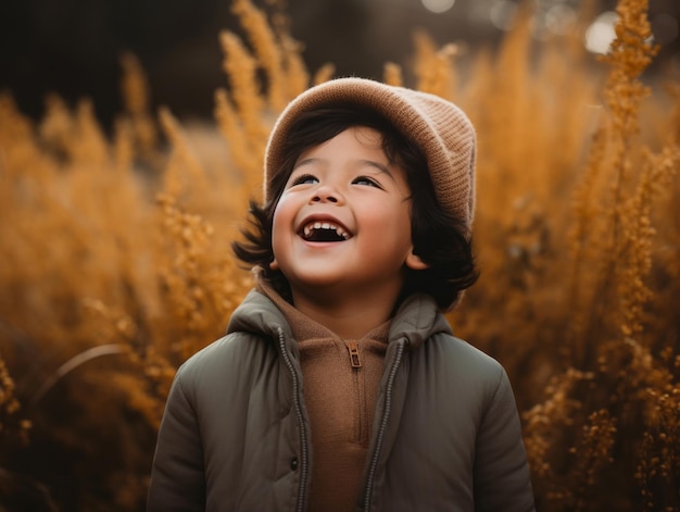 Niño mexicano en pose dinámica emocional sobre fondo de otoño