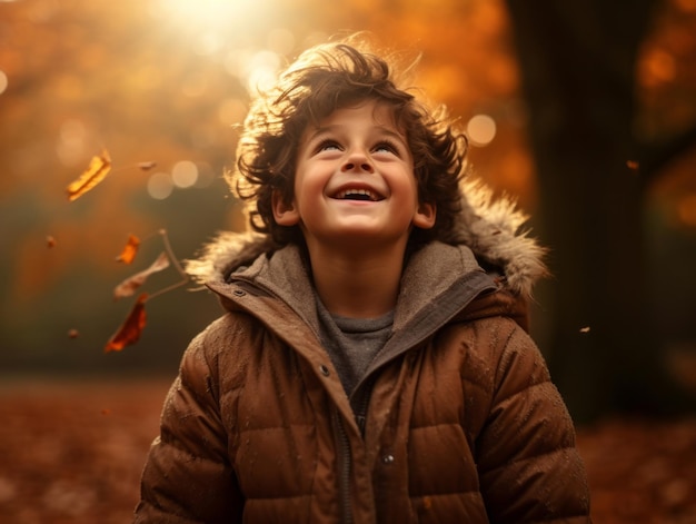 Niño mexicano en pose dinámica emocional sobre fondo de otoño