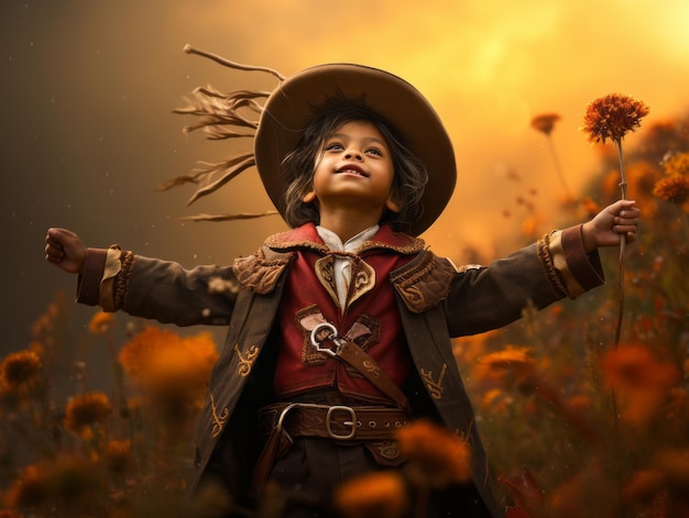 Niño mexicano en pose dinámica emocional sobre fondo de otoño