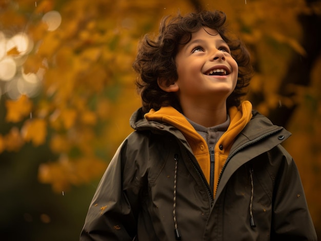 Niño mexicano en pose dinámica emocional sobre fondo de otoño