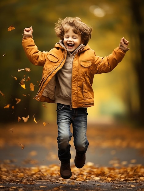 Niño mexicano en pose dinámica emocional sobre fondo de otoño