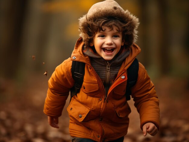 Niño mexicano en pose dinámica emocional sobre fondo de otoño