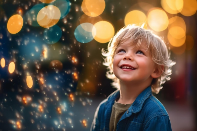 Un niño mira al cielo con luces de fondo.