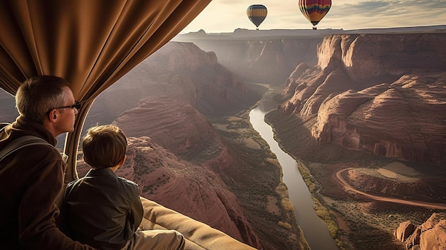 Un niño mira hacia un cañón con una vista del gran cañón al fondo.