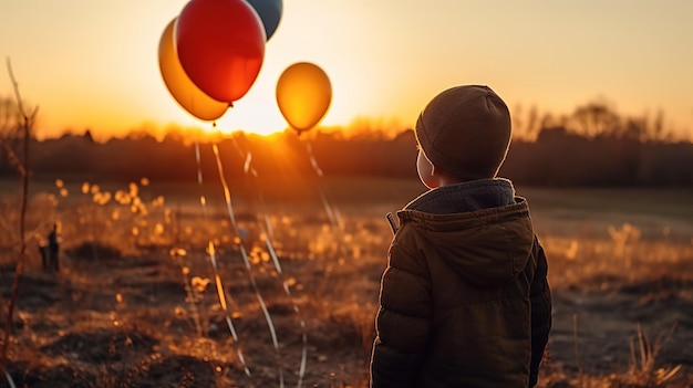 Foto un niño mira globos al atardecer.