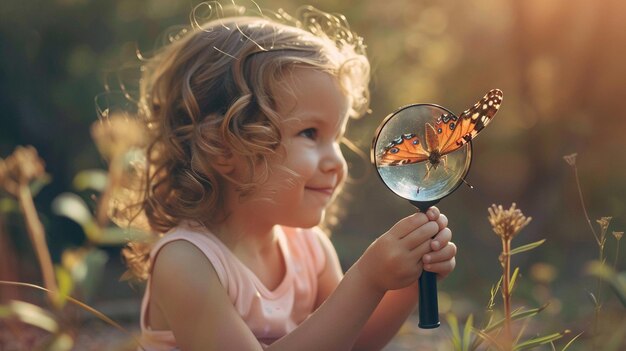 Foto el niño mira a la mariposa a través de la lupa