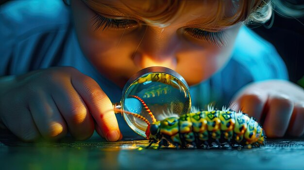 Foto un niño mira a través de una lupa a una oruga