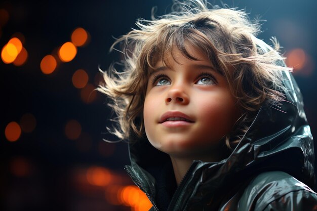 niño mirando al cielo nocturno