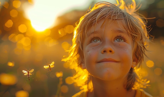 Niño mirando al cielo en el prado al atardecer