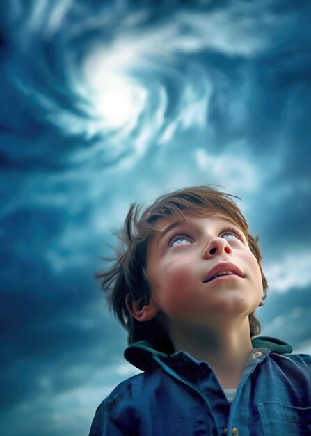 Foto un niño mirando hacia arriba a las dramáticas nubes de tormenta