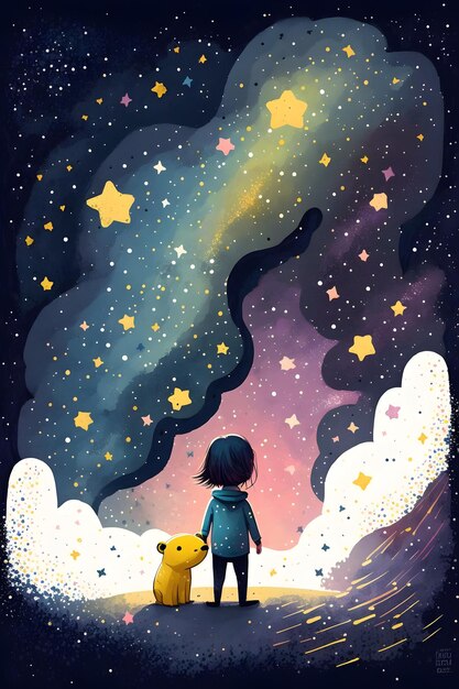 Un niño mirando un cielo estrellado con una estrella amarilla