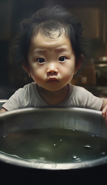 Un niño mirando un cuenco de agua.