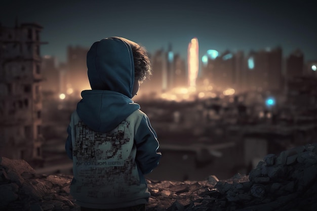 Niño mirando los edificios y el paisaje urbano destruidos por el terremoto La tragedia trastornó la desesperanza IA generativa