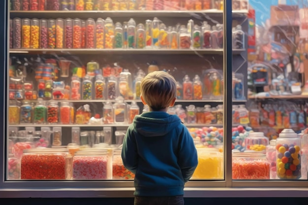 Un niño mirando el escaparate de una tienda de golosinas