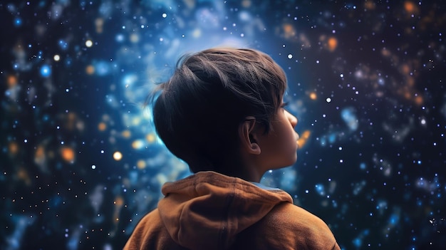 Un niño mirando las estrellas en el cielo.