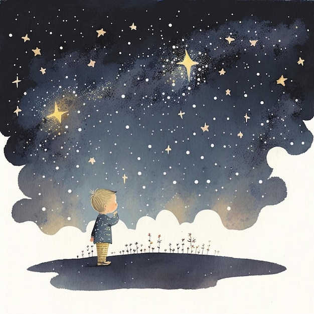 Un niño mirando las estrellas en el cielo.