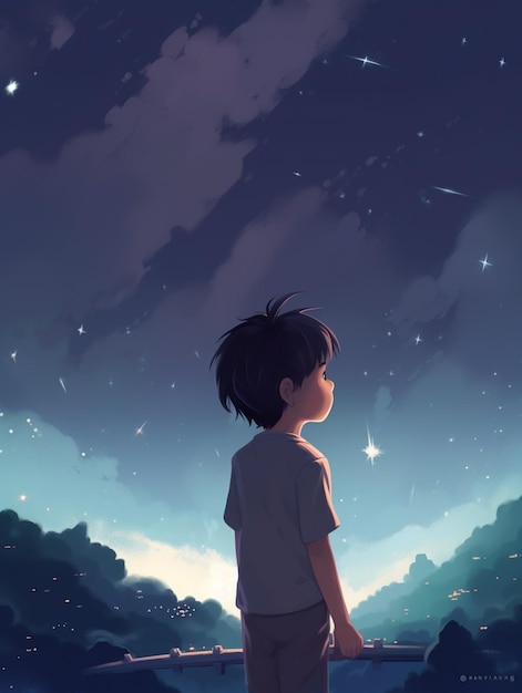 Un niño mirando las estrellas en el cielo.