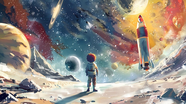 Niño mirando las estrellas y un cohete