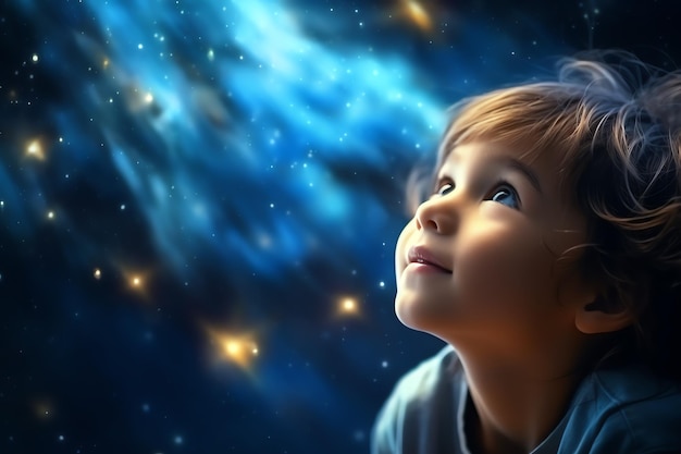 Foto niño mirando las estrellas niño inteligente en la escuela