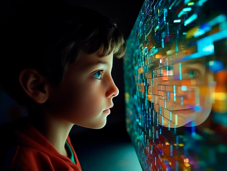 Foto niño mirando el holograma del rostro humano concepto de tecnología digital