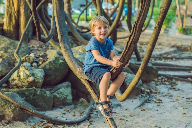 Niño mirando lianas tropicales en bosques tropicales húmedos