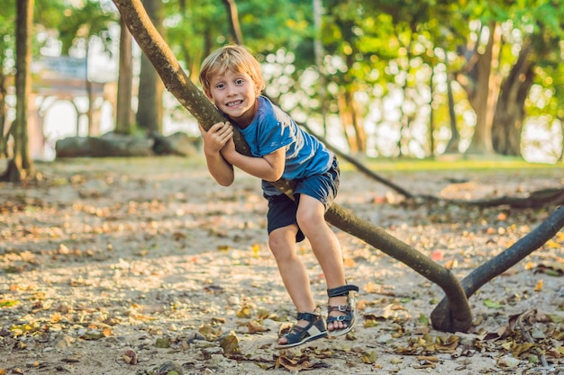 Niño mirando lianas tropicales en bosques tropicales húmedos.