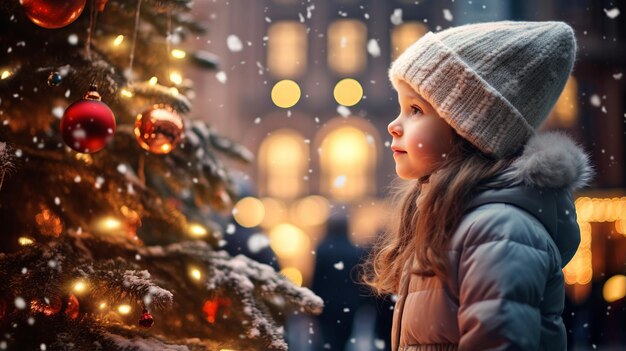 Niño mirando las luces del árbol de Navidad en la nieve