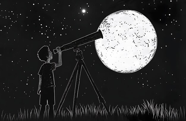 Foto niño mirando a la luna a través de un telescopio